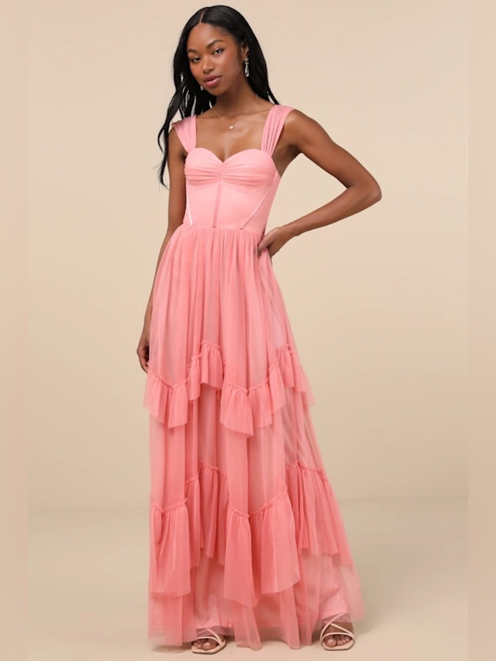 Lulu's Blush Stunning Personality Pink Mesh Off-the-Shoulder Maxi Dress